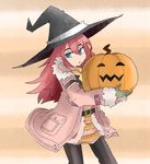  belt black_hat black_legwear blue_eyes cowboy_shot fur-trimmed_sleeves fur_trim gloves green_gloves hair_between_eyes hat highres jack-o'-lantern jacket latenight long_hair long_sleeves looking_at_viewer orange_skirt pantyhose parted_lips pink_hair pink_jacket pumpkin rune_factory rune_factory_3 skirt solo standing toona witch_hat 