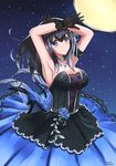  armpits arms_up artist_name black_gloves black_hair blue_eyes breasts cleavage dated dress edelweiss_(wsparkz) eyebrows_visible_through_hair gloves highres idolmaster idolmaster_cinderella_girls idolmaster_cinderella_girls_starlight_stage lace lace_gloves large_breasts looking_at_viewer sagisawa_fumika shiny shiny_skin smile solo strapless strapless_dress 