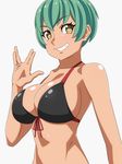  bikini breasts green_hair large_breasts original ra-pen short_hair smile solo swimsuit tan yellow_eyes 