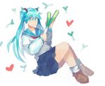  aqua_eyes aqua_hair bangs blue_sailor_collar blue_skirt brown_footwear closed_mouth crossed_legs eyebrows_visible_through_hair hair_between_eyes hatsune_miku heart highres idk-kun long_hair looking_at_viewer neckerchief red_neckwear sailor_collar school_uniform serafuku shirt shoes sitting sketch skirt smile solo spring_onion twintails vocaloid white_shirt 