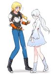  blonde_hair boots chuu closed_eyes commentary fingerless_gloves genderswap genderswap_(mtf) gloves green_eyes jaune_arc multiple_girls rwby weiss_schnee white_hair 