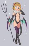  :o absurdres alternate_costume areola_slip areolae bare_shoulders black_footwear black_gloves black_hairband black_leotard blonde_hair blue_eyes blush boots breasts breasts_apart center_opening cosplay crossed_legs demon_horns demon_tail detached_collar detached_sleeves elbow_gloves fake_horns fang full_body fur_collar gazing_eye gen_6_pokemon gloves grey_background groin hairband halloween_costume hand_up heart highres holding horns knee_boots leotard long_sleeves looking_at_viewer low_wings medium_breasts navel noivern noivern_(cosplay) open_mouth pokemon pokemon_(anime) pokemon_xy_(anime) polearm purple_legwear serena_(pokemon) short_hair simple_background solo standing stomach tail tareme thighhighs thighhighs_under_boots trident watson_cross weapon wings 