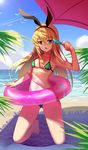  :o arm_up bare_arms bare_legs bare_shoulders barefoot beach beach_towel beach_umbrella bikini black_hairband black_ribbon blonde_hair blue_sky blush breasts brown_eyes cloud collarbone condensation_trail day food full_body green_bikini hair_ribbon hairband holding holding_food horizon innertube kantai_collection kneeling long_hair looking_at_viewer navel nose_blush ocean open_mouth outdoors popsicle ribbon shimakaze_(kantai_collection) sky small_breasts solo stomach swimsuit towel transparent umbrella zqzqy 