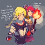  blonde_hair blue_eyes blush chuu commentary english genderswap genderswap_(mtf) green_eyes jaune_arc multiple_girls one_eye_closed pyrrha_nikos red_hair rwby side_ponytail torch 