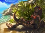  antanariva anthro beach bikini brown_hair clothed clothing cloud female flower green_eyes hair looking_at_viewer mammal mustelid otter outside plant seaside sitting sky solo swimsuit webbed_hands 