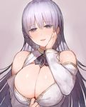  azur_lane bangs blush breasts c.cu cleavage commentary_request curvy detached_sleeves eyebrows_visible_through_hair half-closed_eyes hand_on_own_cheek huge_breasts looking_at_viewer parted_lips pulled_by_self purple_eyes revision rodney_(azur_lane) silver_hair smile solo upper_body 