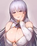  azur_lane bad_id bad_pixiv_id bangs blush breasts c.cu cleavage commentary_request curvy detached_sleeves eyebrows_visible_through_hair half-closed_eyes hand_on_own_cheek huge_breasts looking_at_viewer parted_lips pulled_by_self purple_eyes rodney_(azur_lane) silver_hair smile solo upper_body 