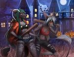  2017 ambiguous_gender anthro black_nose breasts canine cat clothed clothing detailed_background digital_media_(artwork) duo_focus feline female green_eyes green_hair grey_hair group hair mammal moon night outside red_eyes smile sorafoxyteils 