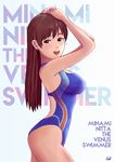  blue_swimsuit brown_eyes brown_hair character_name competition_swimsuit cowboy_shot danis_ariandi highleg highleg_swimsuit highres idolmaster idolmaster_cinderella_girls idolmaster_cinderella_girls_starlight_stage long_hair looking_at_viewer nitta_minami one-piece_swimsuit open_mouth smile solo swimsuit 