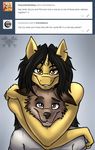  2017 amber_steel anthro black_eyebrows black_hair canine clothed clothing coyote cute digital_media_(artwork) duo equine eyebrows female fur grey_background grey_eyebrows grey_eyes grey_fur grey_nose hair hi_res horn hug long_hair looking_at_viewer male male/female mammal metalfoxxx notched_ear shirt simple_background smile tumblr unicorn unicorn_horn watermark white_clothing white_shirt white_topwear yellow_eyes yellow_fur yellow_horn 