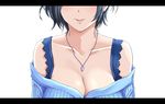  bare_shoulders blue_sweater breasts cleavage collarbone earrings hayami_kanade head_out_of_frame idolmaster idolmaster_cinderella_girls jewelry large_breasts letterboxed lips mp893 necklace off-shoulder_sweater parted_lips pendant short_hair simple_background smile solo stud_earrings sweater white_background 