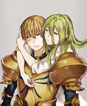  androgynous armor bad_id bad_pixiv_id blonde_hair breastplate closed_mouth dress enkidu_(fate/strange_fake) eyebrows_visible_through_hair fate/strange_fake fate_(series) gilgamesh grey_background hair_between_eyes hug hug_from_behind kyou_zip long_hair male_focus multiple_boys pauldrons red_eyes signature simple_background smile white_dress yellow_eyes 