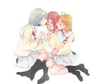  3girls ahoge blush braid forehead_kiss girl_sandwich group_sex highres holding_hands hug hug_from_behind interlocked_fingers kiss long_hair love_live! love_live!_sunshine!! multiple_girls no_shoes orange_hair red_hair sailor_collar sakurauchi_riko sandwiched school_uniform serafuku short_hair silver_hair sitting skirt takami_chika threesome uranohoshi_school_uniform watanabe_you white_background yellow_eyes yuri 