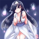  alternate_costume black_hair breasts cleavage commentary_request hair_over_one_eye hayashimo_(kantai_collection) highres hitodama japanese_clothes kanon_(kurogane_knights) kantai_collection kimono large_breasts long_hair looking_at_viewer no_bra silver_eyes sketch smile solo triangular_headpiece yukata 