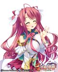  arm_up breasts closed_eyes copyright_name detached_sleeves double_bun feathers koihime_musou large_breasts long_hair official_art open_mouth pochadon red_hair red_skirt ryuubi shirt skirt smile solo two_side_up waving white_shirt 
