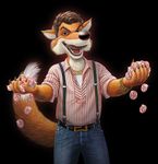  5_fingers anthro belt black_background black_nose brown_hair canine cheek_tuft claws clothed clothing detailed dipstick_tail f&uuml;chschen facial_hair fox front_view fully_clothed fur hair holding_object jeans jewelry klimiont looking_at_viewer male mammal multicolored_tail mustache necklace open_mouth open_smile orange_fur pants polo_shirt portrait raised_tail shirt short_hair simple_background smile solo standing striped_clothing striped_shirt suspenders tattoo teeth three-quarter_portrait tuft white_fur wristwatch 