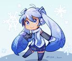  ahoge bangs blue_background blue_eyes blue_legwear blue_neckwear blue_shirt chibi closed_mouth detached_sleeves gloves hair_between_eyes hatsune_miku idk-kun long_hair looking_at_viewer necktie shirt sleeveless sleeveless_shirt smile snow snowflakes snowing solo standing thighhighs twintails twitter_username very_long_hair vocaloid white_gloves yuki_miku 