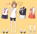  black_shirt blush brown_hair cardcaptor_sakura cheerleader dress-up eyebrows_visible_through_hair full_body green_eyes kero kinomoto_sakura kisekae looking_at_viewer mary_janes neckerchief paper_doll pleated_skirt pop_kyun school_uniform serafuku shirt shoes short_hair simple_background skirt socks tomoeda_elementary_school_uniform yellow_background 