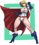  1girl belt blonde_hair blue_eyes boots breasts cape cleavage dc_comics gloves power_girl short_hair smile 