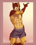  2017 abs anthro body_hair boxers_(clothing) brown_fur brown_hair brown_nose canine chest_hair clothed clothing danmag eyebrows feralise fur gloves_(marking) hair male mammal markings multicolored_fur muscular muscular_male pointing pose red_eyes simple_background solo standing tan_fur topless underwear wolf 