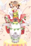  :d bangs bird blush brown_eyes brown_hair chick commentary_request dove emperor_penguin floral_print happy_new_year japanese_clothes kimono kuga_tsukasa looking_at_viewer new_year obi open_mouth original penguin pink_background red_kimono sash smile standing tied_hair 