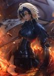  ahoge armor armored_dress black_armor black_legwear commentary embers fate/grand_order fate_(series) fire gauntlets glowing glowing_eyes highres jeanne_d'arc_(alter)_(fate) jeanne_d'arc_(fate)_(all) looking_at_viewer parted_lips polearm raikoart revision short_hair silver_hair smile smoke solo spear sword thighhighs weapon yellow_eyes 