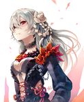  &gt;:( bad_id bad_pixiv_id bra breasts choker closed_mouth commentary_request eyebrows_visible_through_hair flower frilled_choker frills from_below frown grey_bra hair_between_eyes hair_flower hair_ornament hoshizaki_reita jacket long_hair long_sleeves looking_at_viewer looking_down medium_breasts navel open_clothes open_jacket original red_eyes rose silver_hair solo underwear upper_body v-shaped_eyebrows 