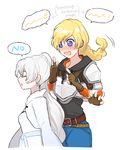  blonde_hair blue_eyes blush chuu closed_eyes english fingerless_gloves genderswap genderswap_(mtf) gloves jaune_arc multiple_girls ponytail rwby weiss_schnee white_hair 