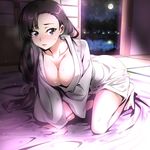  arm_support bangs bed_sheet black_hair blush breasts brown_eyes cleavage collarbone full_moon futon girls_und_panzer japanese_clothes kimono kneeling large_breasts long_hair looking_at_viewer low-tied_long_hair moon nakahira_guy night nishi_kinuyo open_door open_mouth sky sliding_doors solo star_(sky) starry_sky sweat wide_sleeves yukata 