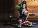  armor blood cleavage genderswap hanzo_(overwatch) liang_xing overwatch pantsu sarashi tattoo thighhighs torn_clothes weapon 