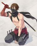  1boy abs boots brown_hair dagger dead_or_alive gloves green_eyes kneeling male_focus mask muscle ninja_gaiden nipples pants pecs ryu_hayabusa scarf shirtless simple_background solo sword weapon 