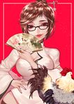  bird black-framed_eyewear black_legwear breasts brown_eyes brown_hair chicken china_dress chinese_clothes cleavage_cutout dress eyeshadow fan folding_fan frame glasses hair_bun hair_ornament hair_stick hand_on_hip highres long_sleeves looking_at_viewer makeup medium_breasts mei_(overwatch) nail_polish overwatch parted_lips red_background red_lips rooster short_hair simple_background smile snowflake_hair_ornament solo thighhighs upper_body ziiiing 