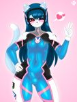  anthro blizbel_blueberry blue_fur blue_hair bodysuit bulge cat clothing cosplay feline front_view fur girly hair hand_on_hip looking_at_viewer male mammal one_eye_closed overwatch penis_outline razplus red_eyes rubber skinsuit solo standing tight_clothing video_games wide_hips wink 