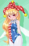  american_flag arms_behind_back bare_arms bare_shoulders blonde_hair blush clownpiece commentary_request cowboy_shot fairy_wings green_background hat jester_cap leotard long_hair looking_at_viewer neck_ruff pantyhose polka_dot red_hat solo star star_print striped touhou very_long_hair white_legwear wings winn 