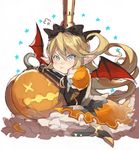  alternate_costume armor armored_dress bad_id bad_pixiv_id blonde_hair blue_eyes boots charlotta_fenia colorized crown demon_wings dress granblue_fantasy hair_ribbon harvin highres orange_dress pointy_ears pout pumpkin ribbon solo star waltz_(tram) white_background wings 