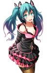  :d absurdres aqua_eyes aqua_hair arms_behind_back belt_buckle black_bra black_jacket blush bow bra breasts brown_legwear buckle butterfly_hair_ornament cleavage collarbone cowboy_shot eyebrows_visible_through_hair gradient_hair hair_between_eyes hair_ornament hatsune_miku highres honey_whip_(module) jacket layered_skirt long_hair long_sleeves looking_at_viewer multicolored_hair off_shoulder open_mouth pink_bow pink_hair project_diva_(series) project_diva_f round_teeth simple_background small_breasts smile solo standing sweet_devil_(vocaloid) teeth thighhighs tsukishiro_saika underwear very_long_hair vocaloid white_background zettai_ryouiki 