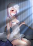  absurdres arm_support bed blush breasts changchun_(zhan_jian_shao_nyu) cleavage collarbone highres indoors lingerie long_hair looking_at_viewer lux_(pixiv4480548) medium_breasts negligee off_shoulder pillow red_eyes shiny shiny_skin sideboob silver_hair sitting solo striped striped_background underwear zhan_jian_shao_nyu 