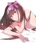  black_hair blush breasts fate/grand_order fate_(series) large_breasts long_hair looking_at_viewer lying nude on_stomach osakabe-hime_(fate/grand_order) purple_eyes smile solo upper_body white_background xion32 