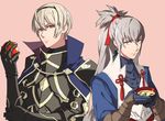  armor blonde_hair capelet fire_emblem fire_emblem_if fur_trim gloves grey_hair hairband leon_(fire_emblem_if) long_hair male_focus minato_(robin) multiple_boys orange_eyes pink_background ponytail simple_background takumi_(fire_emblem_if) tomato upper_body 