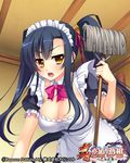  apron black_dress black_hair breasts cleavage copyright_name dress kan'u koihime_musou large_breasts leaning_forward long_hair maid maid_headdress mop official_art open_mouth pochadon ribbon shouting side_ponytail solo very_long_hair 