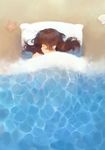  abstract beach brown_hair closed_eyes closed_mouth day foam from_above idk-kun long_hair lying on_back original outdoors pillow profile sand seashell shell sleeping solo starfish too_literal under_covers water waves 