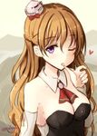  ascot bare_shoulders blonde_hair breasts cleavage commentary eyebrows_visible_through_hair finger_licking finger_to_mouth hat heart kantai_collection large_breasts licking long_hair looking_at_viewer mashayuki mini_hat open_mouth purple_eyes tongue tongue_out twitter_username wavy_hair zara_(kantai_collection) 