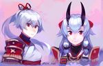  armor bangs blue_hair closed_mouth commentary fate/grand_order fate_(series) hair_between_eyes headband highres horns idk-kun japanese_armor japanese_clothes kimono long_hair looking_at_viewer multiple_views obi oni_horns ponytail red_eyes sash sidelocks smile tomoe_gozen_(fate/grand_order) twitter_username white_kimono 