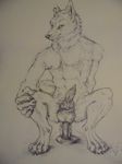  anthro balls canine cbrn_hyena dildo fur looking_at_viewer male mammal muscular nude pencil_(artwork) penis pinup pose sex_toy smile solo traditional_media_(artwork) wolf 