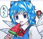  :p ascot bat_wings blue_eyes blue_hair bow chibi cirno collared_shirt commentary_request dress drooling eyebrows_visible_through_hair food hair_bow head_wings ice ice_wings kabaji koakuma long_hair looking_at_viewer multiple_girls o_o popsicle puffy_sleeves red_hair shirt short_hair simple_background skirt skirt_set solo_focus tongue tongue_out touhou traditional_media translation_request upper_body vest watermelon_bar white_background wings 