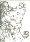 anthro baffalo balls bovine buffalo cape_buffalo cbrn_hyena duo fur hyena kissing male mammal muscular nude pencil_(artwork) smile standing tongue traditional_media_(artwork) 