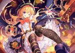  ;q achan_(blue_semi) black_legwear blonde_hair blue_footwear blush book bow cagliostro_(granblue_fantasy) cape closed_mouth eyebrows_visible_through_hair granblue_fantasy halloween holding holding_book hood jack-o'-lantern long_hair mismatched_legwear one_eye_closed orange_bow outstretched_arm puffy_short_sleeves puffy_sleeves purple_eyes shirt short_sleeves sitting skirt smile star star_in_eye suspenders symbol_in_eye thighhighs tongue tongue_out very_long_hair white_shirt wrapped_candy 