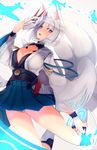  animal_ears azur_lane bangs blue_eyes breasts cleavage commentary_request fox_ears fox_mask fox_tail hakama_skirt highres japanese_clothes kaga_(azur_lane) large_breasts long_sleeves looking_at_viewer mask opanchu_(hakusen) parted_lips short_hair solo tail white_hair wide_sleeves 
