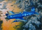  above_clouds absurdres acrylic_paint_(medium) aircraft airplane calligraphy_brush_(medium) cloud commentary_request f4u_corsair flying goggles hayashi_toshihiro helmet highres military ocean pilot_suit scenery solo traditional_media 