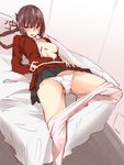  bed belt braid commentary_request fate/grand_order fate_(series) florence_nightingale_(fate/grand_order) highres kasyo lying on_back open_clothes open_shirt panties pantyhose pantyhose_pull purple_hair shirt underwear white_panties 